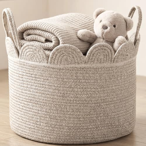 LemonRoad Round Woven Basket Brown Variegated, 16" L X 16" W X 14" H | Large Storage for Blankets Toys Laundry, Cotton Rope Scalloped Edge Tassels, Nursery Bedroom Closet Organizer Decor