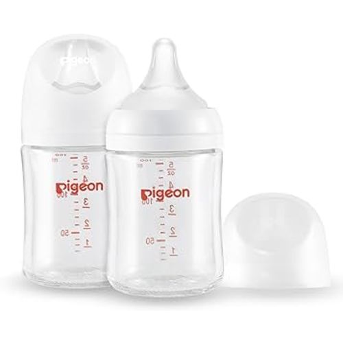 Pigeon Glass Nursing Bottle Wide Neck, Anti-Colic, Streamlined Body, Natural Feel, Easy to Clean, Heat-Resistant, 5.4 Oz(Pack of 2), Includes 2pcs SS Nipples (0m+)
