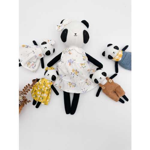 Handmade panda doll family- Soft fabric plush toy with vintage floral outfits, perfect for kids and collectors- Gift for nursery decor