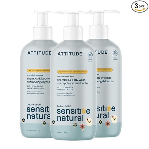 ATTITUDE Baby 2-in-1 Shampoo and Body Wash, EWG Verified, Plant- and Mineral-Based Ingredients, Vegan Products for Sensitive Skin, Unscented, 16 Fl Oz (Pack of 3)