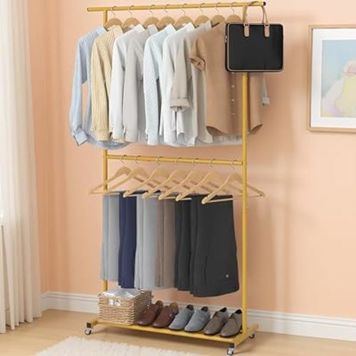 Sywhitta Double Rod Clothing Garment Rack, Rolling Coat Hanger with Bottom Mesh, Clothing Rack for Hanging Clothes, Coats, Skirts, Sweaters, Gold