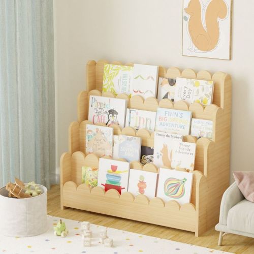 SpaceAid 4-Tier Scalloped Wooden Bookshelf – Montessori-Style Book Display for Kids’ Rooms, Playrooms & Classrooms, Natural Finish