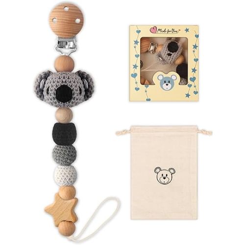 Pacifier Clip, 1 Pack Pacifier Holder Clip for Boys and Girls, Cute Koala Handmade Knitted Pacifier Holder Fits for Most Pacifier, Baby Teethers, Baby Shower and Baby Gift(Koala)