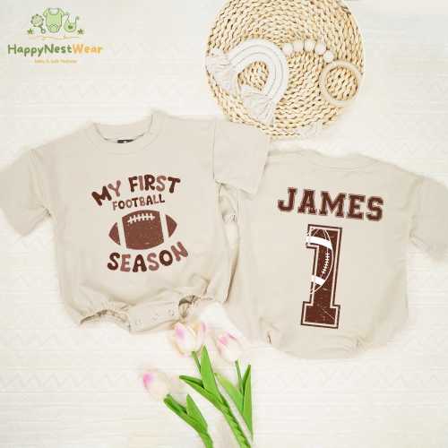 Personalized My First Football Season Baby Romper, Custom Name Gameday Baby Bodysuit, Gameday Outfit, Football Baby Romper, Baby Boy Clothes
