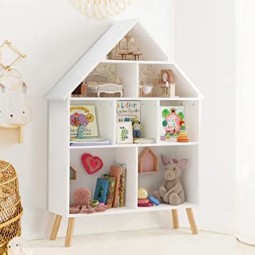 Curipeer Kids Bookshelf and Toy Storage, Wooden Stand Dollhouse Bookshelf, 4-Tier Baby Bookcase Display Organizer with Legs, Children Bookshelf for Nursery, Playing Room, White