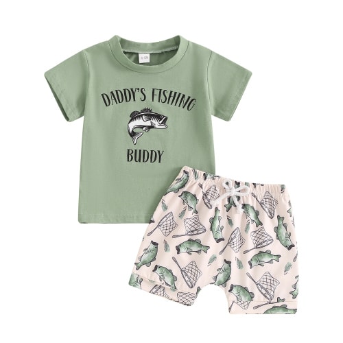 Mevireiy Newborn Baby Boys Fishing Outfits Daddy's Fishing Buddy Short Sleeve T-Shirt Tops Casual Shorts