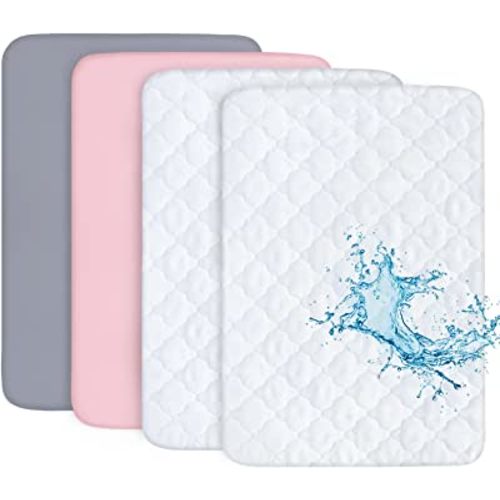Biloban Pack n Play Sheets and Waterproof Mattress Protector, Grey&Pink, Breathable, Washable, Water Proof, 4 Pack