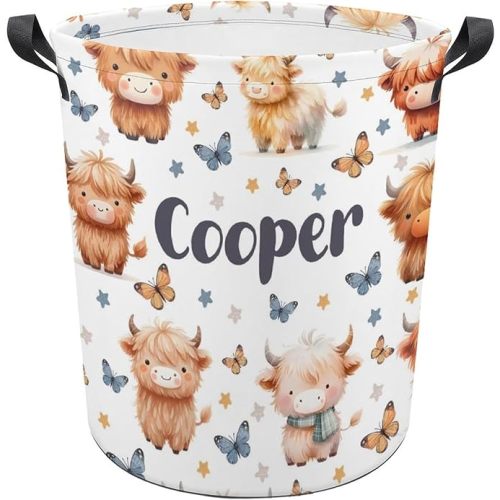 Personalized Highland Cow Laundry Basket,Custom Name Laundry Hamper,Baby Nursery Hamper Bin,Collapsible Clothes Storage Basket for Bathroom Living Room Bedroom,S-16.5"X 13.8"