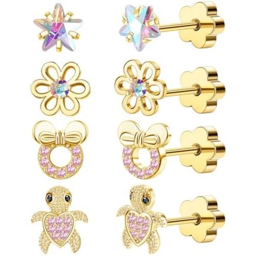 Flat Back Hypoallergenic Earrings for Girls Women 20G Surgical Steel Screw Cartilage Earrings for Sensitive Ears Handmade 14K Gold Cute Star Flower Turtle Flatback Earrings Studs