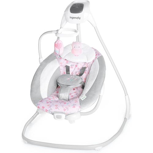 Ingenuity SimpleComfort Lightweight Compact 6-Speed Multi-Direction Baby Swing, Vibrations & Nature Sounds, 0-9 Months 6-20 lbs (Pink Cassidy)