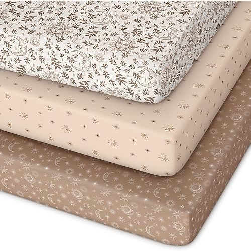 Pack and Play Sheets Fitted 3 Pack, Mini Crib Sheets for Pack N Play Mattress Stretchy Portable Playard Sheets, Soft Breathable White Brown Sun God