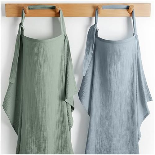 Comfy Cubs Muslin Nursing Cover Pack of 2, 100% Cotton Muslin Breastfeeding Cover for Moms, Soft & Breathable Baby Nursing Scarf, Adjustable Neck Strap - Privacy Coverage - Fern and Pacific Blue