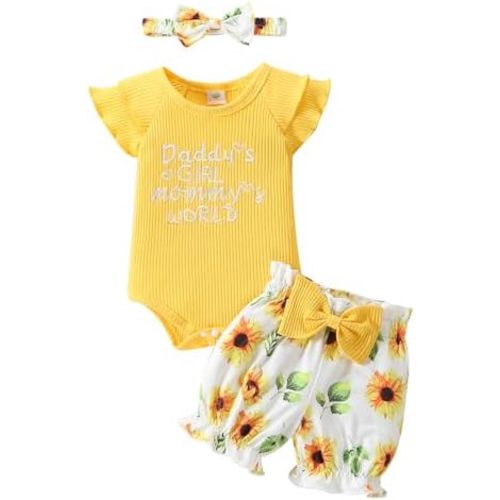 QITUDATEY Newborn Infant Baby Girls Clothes, Cute Summer Baby Girls Outfits Ruffle Sleeve Romper Floral Shorts with HeadBand
