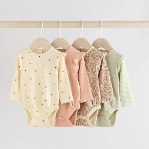 Buy Blue/Cream/Coral Ditsy Baby Long Sleeve Frill Bodysuits 4 Pack (0mths-2yrs) from Next USA