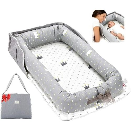 Baby Lounger for Newborn Portable Bag,Baby Lounger Play Mat for Awake-Time,Newborn Babies Essentials Gifts 0-24 Months Home Travel(Crown Grey)