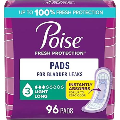 Poise Incontinence Pads & Postpartum Incontinence Pads, 3 Drop Light Absorbency, Long Length, 96 Count (4 Packs of 24), Packaging May Vary
