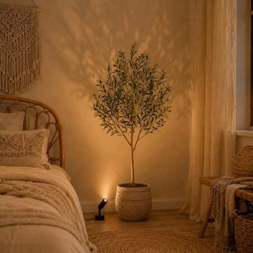 6ft Faux Olive Tree with Warm White Spotlight & Real Wood Trunk, 72in Artificial Olive Tree with Lifelike Fruits & Leaves, Fake Olive Tree Indoor for Living Room Bedroom Office Decor