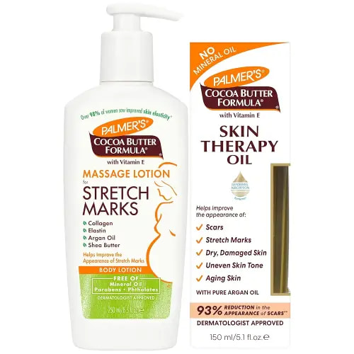 Palmer's Stretch Mark Care Body Lotion + Body Oil Bundle, Cocoa Butter Formula with Vitamin E Skin Care for Pregnant Women, Includes 1 Massage Oil (5.1 fl oz) and 1 Massage Lotion (8.5 fl oz)