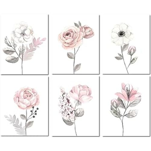 Lambs & Ivy Watercolor Floral Unframed Nursery Child Wall Art 6pc - Pink/Gray