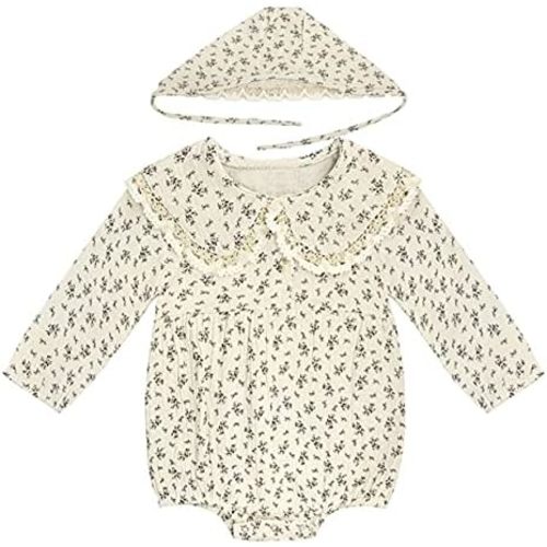 Baby Girl Fall Clothes Outfits Cute Long Sleeve Ruffles Embroidered Bubble Romper Lapel Jumpsuit Bodysuit with Hat