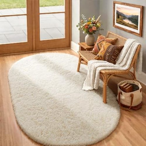 Ophanie 4x6 Oval Ivory Rugs for Bedroom Living Room Washable,Fluffy Fuzzy Furry Carpet,Plush Soft Shaggy Indoor Floor Area Rug for Kids Girls Boys Baby Teen Dorm Decor with Over 99 pcs Pile fibers