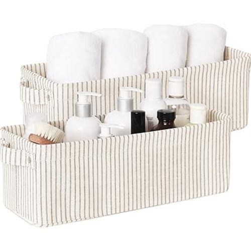 StorageWorks Narrow Storage Bins, Small Basket for Closet and Shelves, Fabric Organizer with Handles, Toilet Paper Storage, Khaki and Beige Stripes, 2-Pack