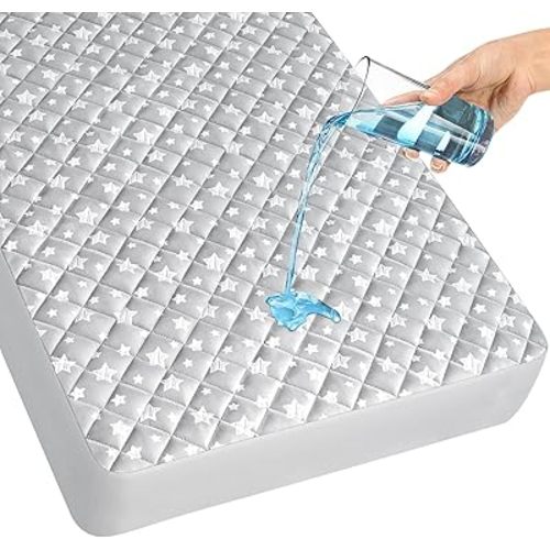 Crib Mattress Protector Waterproof, Quilted Crib Mattress Pad Cover 52" x 28", Extra Soft Breathable Toddler Bed Cover Stretch Up to 8", Grey Star