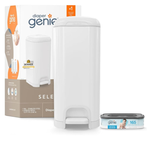 Diaper Genie Select Pail is Made of Durable Stainless Steel and Includes 1 Starter Square Refill That can Hold up to 165 Newborn-Sized Diapers.