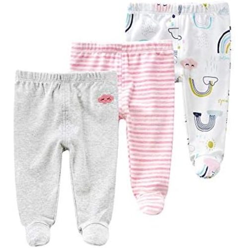Teach Leanbh Newborn Baby 3 Pack Footed Pants Cotton Embroidery Pringting Casual Leggings 0-12 Months