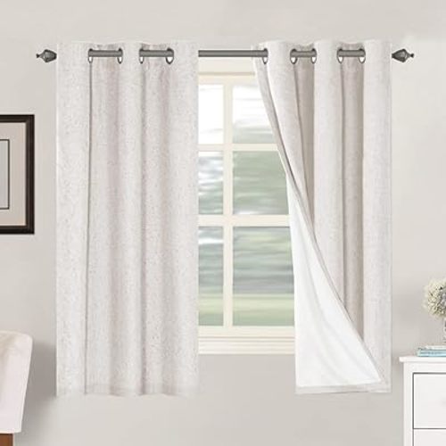 H.VERSAILTEX Primitive Linen Curtains 100% Blackout Curtain Drapes Burlap Fabric Curtains with White Thermal Insulated Liner, Grommet Top Drapes Living Room/Bedroom (2 Panels, 42 x 63 Inch, Ivory)