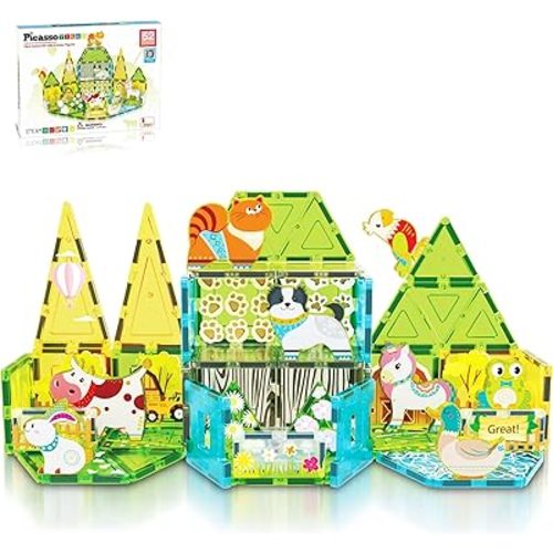 PicassoTiles Magnetic Tile Farm Animal Building Playset with 8 Character Figures STEM Construction Toy for Kids Age 3 Plus Educational Pretend Play Learning Blocks Farmyard Creative Activity Kit PTQ17