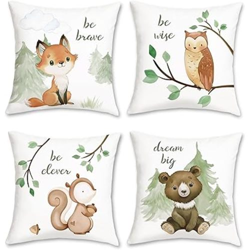 Bonhause Forest Animals Throw Pillow Covers 18 x 18 Inch Fox Bear Squirrel Owl Kids Pillows Case for Sofa School Home Decor Set of 4