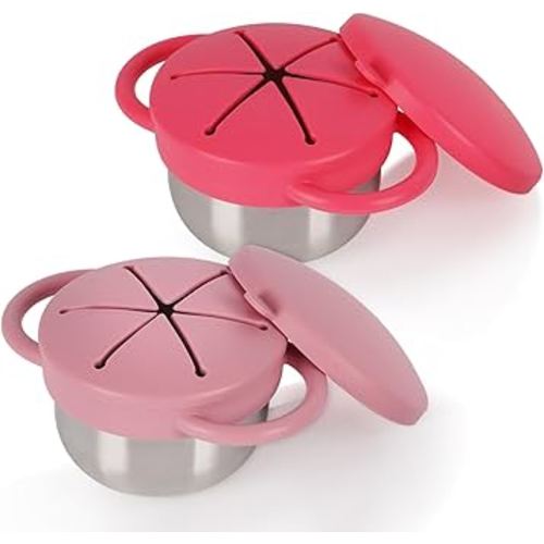 2 Pack 304 Stainless Steel Snack Cups for Toddlers, Snack Containers with Spill-Proof Silicone Travel Lid & Handle, Dishwasher Safe, Removable Snack Catcher for Baby, Toddler