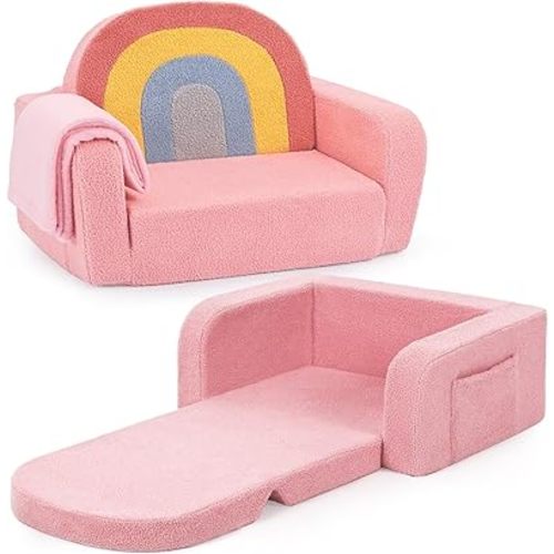 Foryoomi Kids Couch, 2-in-1 Soft Toddler Couch Fold Out with Blanket, Comfy Toddler Chair, Convertible Sofa, Gifts for Kids Girl Boys, Medium Colorful Pink Rainbow