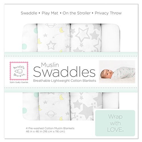 SwaddleDesigns Cotton Muslin Swaddle Blankets, Set of 4, Receiving Blankets for Baby Boys & Girls, Best Shower Gift, 46x46 inches, Goodnight Starshine