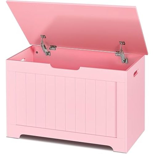 SUPER DEAL Storage Chest, 30 inches Chest Box Organizer with 2 Safety Hinges, Wooden Entryway Storage Bench, Pink