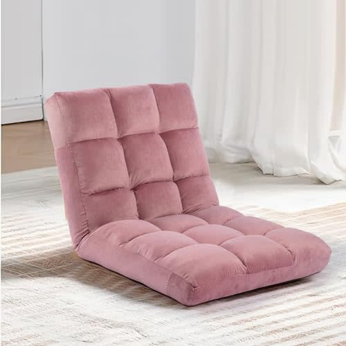 Floor Chair, 24 inches Wide Oversized Velvet Armless Lay Flat Floor seat Padded Meditation Chair with 6 Adjustable Position Ergonomic Comfortable Convenient(LRSF-008-PINK)