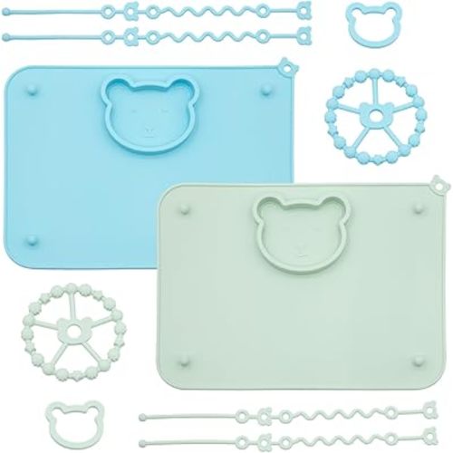 2 Pack Baby Silicone Mat with Suction Base and 4 Stretchable Straps, 6 Strong Suction Cups, Baby Placemats, Activity Mat for Infants to Toddlers, Keeps Babies Essentials Off The Floor Green Blue