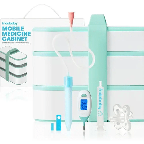 Frida Baby Mobile Medicine Cabinet Travel Kit, Baby Essentials Gift Set Includes NoseFrida Snotsucker, Rectal Thermometer, MediFrida Medicine Dispenser with Portable Carrying Case