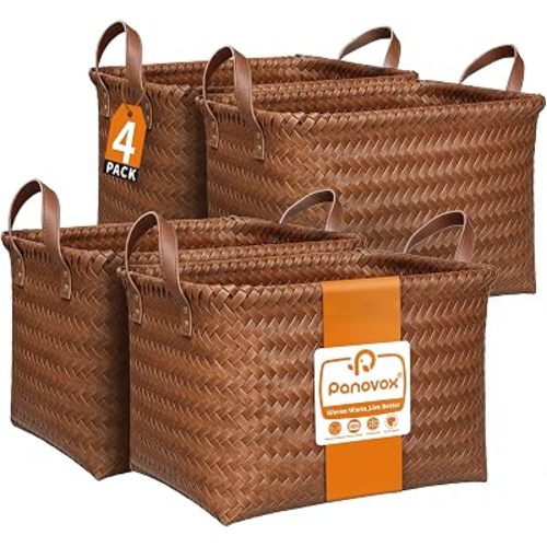 Wicker Storage Baskets, 4 Pack Woven Baskets for Shelves, Brown