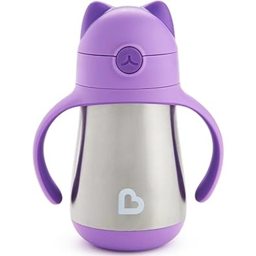 Munchkin Cool Cat Sippy Cup with Straw for Toddlers, Stainless Steel Straw Cup, 8 Ounce, Purple