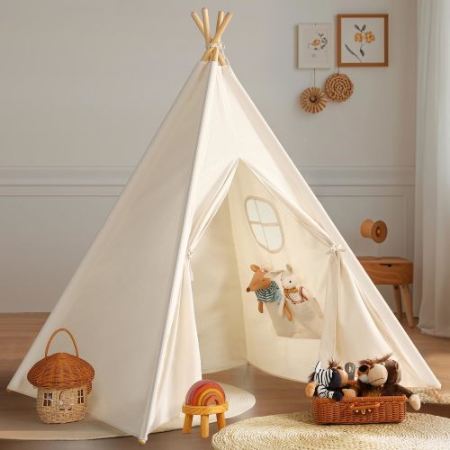 Sumbababy Teepee Tent for Kids - Natural Canvas Indoor Play Tent with Lights, 47.2x47.2x68.1, Washable, Foldable Gift for Girls & Boys