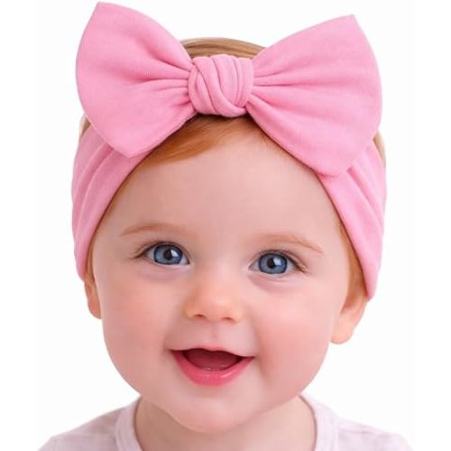 Baby Girl Headbands 0–6 Months – Newborn Infant Soft Cotton Handmade Bow Headband, Stretchy No Mark Baby Hair Accessories (Pink, 0-6 Month)