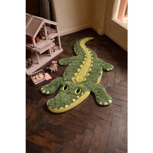 Green Crocodile Shaped Kids Rug | Handmade Animal Rug for Nursery, Playroom & Kids Bedroom | Soft Plush Cartoon Alligator Carpet