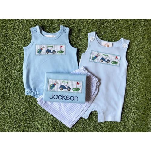 Ships FAST and FREE - Romper Jon Jon Shirt Personalized Baby Toddler Boys Golf Outfit - Optional Shorts - Golf Green Golf Cart Golf Clubs