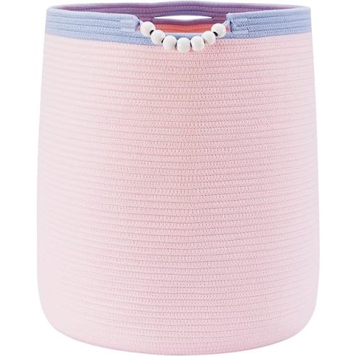ENAORGAN 65L Pink Woven Rope Laundry Hamper Basket for Clohtes Boho Tall Rope Baskets for Blanket Large Baby Nursery Hamper for Girls Kids 16"Wide 19"Tall