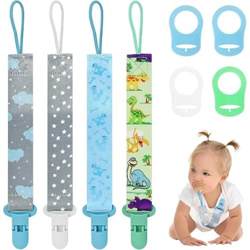 4 Pcs Pacifier Holder Clips, Baby Dummy Strap Clip with 4 Silicone Adapter | Pacifier Clip Dummy Holder Straps, Soother Chains Clips Fit All, Soothers, Teething Toys, Baby Essentials
