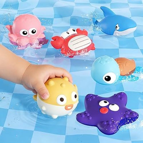 Tovol Zerky No Hole Baby Bath Toys for Kids 6-12M, Marine Animal Bathtub Toys for Toddlers 6+ Months with Sealed Design, 6 Pcs Sea Animal Float in Water Pool Toys for Boy Girl Birthday Gifts