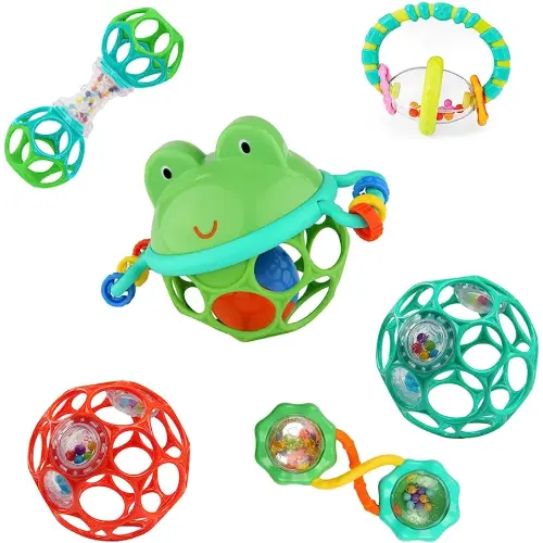 Bright Starts Little Shakers 6pc Gift Set, Easy-Grasp Oball Technology, Baby Rattles, Balls and Teethers, On-The-Go Toys, Lightweight, Unisex, Newborn+