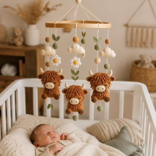 Crochet Highland Cow Baby Mobile, Cow Crib Mobile, Neutral Farm Nursery Decor, Handmade Baby Shower Gift